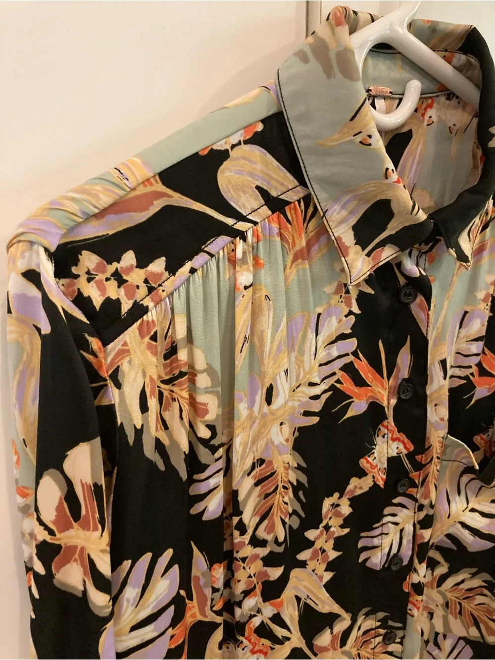 Free People Black Floral Button-Down Shirt with Mint and Coral Accents